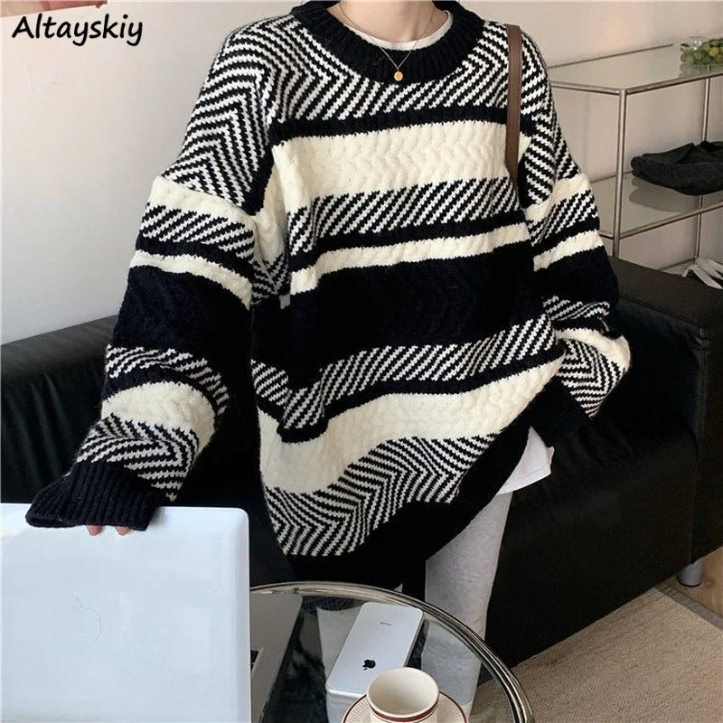 Winter Thick Striped Pullover Women Vintage Couple Baggy Long Sleeve Glutinous Sweaters Harajuku Oversize Twist Knitted Tops New
Winter Thick Striped Pullover Women Vintage Couple Baggy Long Sleeve Glutinous Sweaters Harajuku Oversize Twist Knitted Tops New
