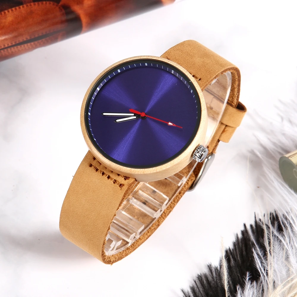 Мужские наручные часы с синим циферблатом деревянные кварцевые креативные