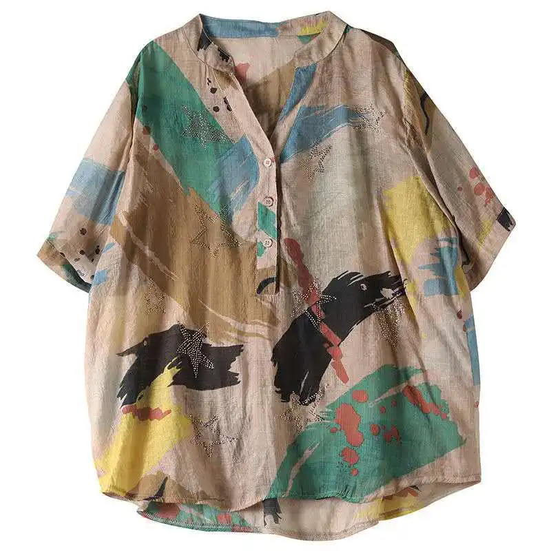 Shirts Retro Large Size Thin Short Sleeve Shirt Women Summer New Print Hot Drilling Loose Casual Blouse Top Holiday Beach Tops
Shirts Retro Large Size Thin Short Sleeve Shirt Women Summer New Print Hot Drilling Loose Casual Blouse Top Holiday Beach Tops