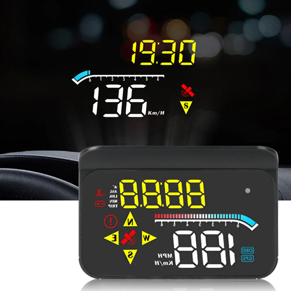 

Дисплей на лобовое стекло с повышенной скоростью, OBD + GPS/RPM M17 HUD 3,5 дюйма, проектор скорости, температура воды, двойная система сигнализации на лобовое стекло