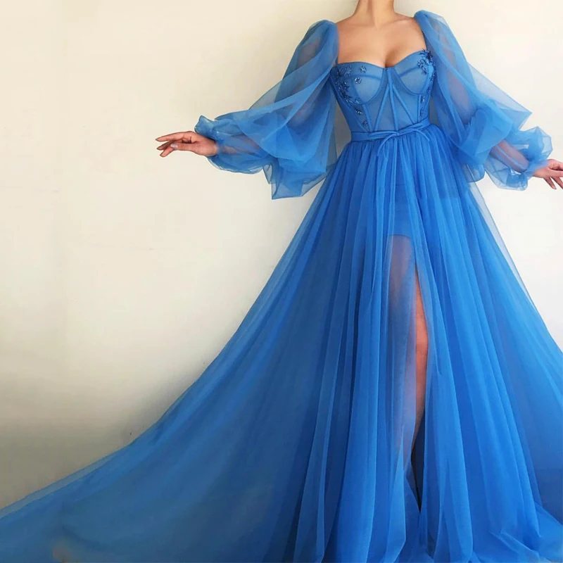 

Long Sleeve Sweetheart Appliques Ribbon Blue Open Leg Slit Tulle A-line Prom Dresses Formal Evening Dress vestido formatura