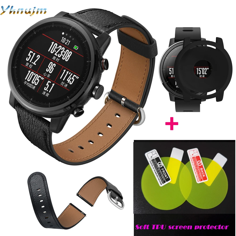 YHNUJM кожаный сменный ремешок + силиконовый чехол для Xiaomi Huami Amazfit 2 Stratos Pace Смарт