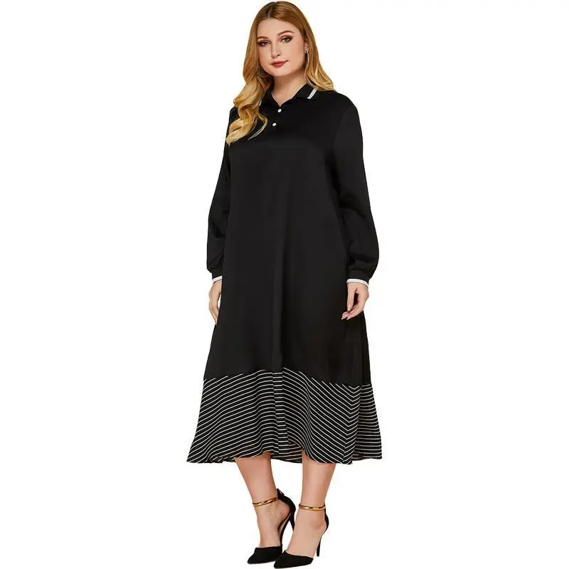 Long Sleeve Women's Spring Dress Large Size Office Turn-Down Collar Ladies Dresses Black Strip Edge 
Long Sleeve Women's Spring Dress Large Size Office Turn-Down Collar Ladies Dresses Black Strip Edge
