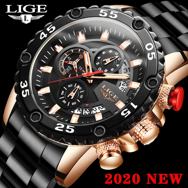 Часы наручные LIGE Мужские кварцевые брендовые Роскошные водонепроницаемые с