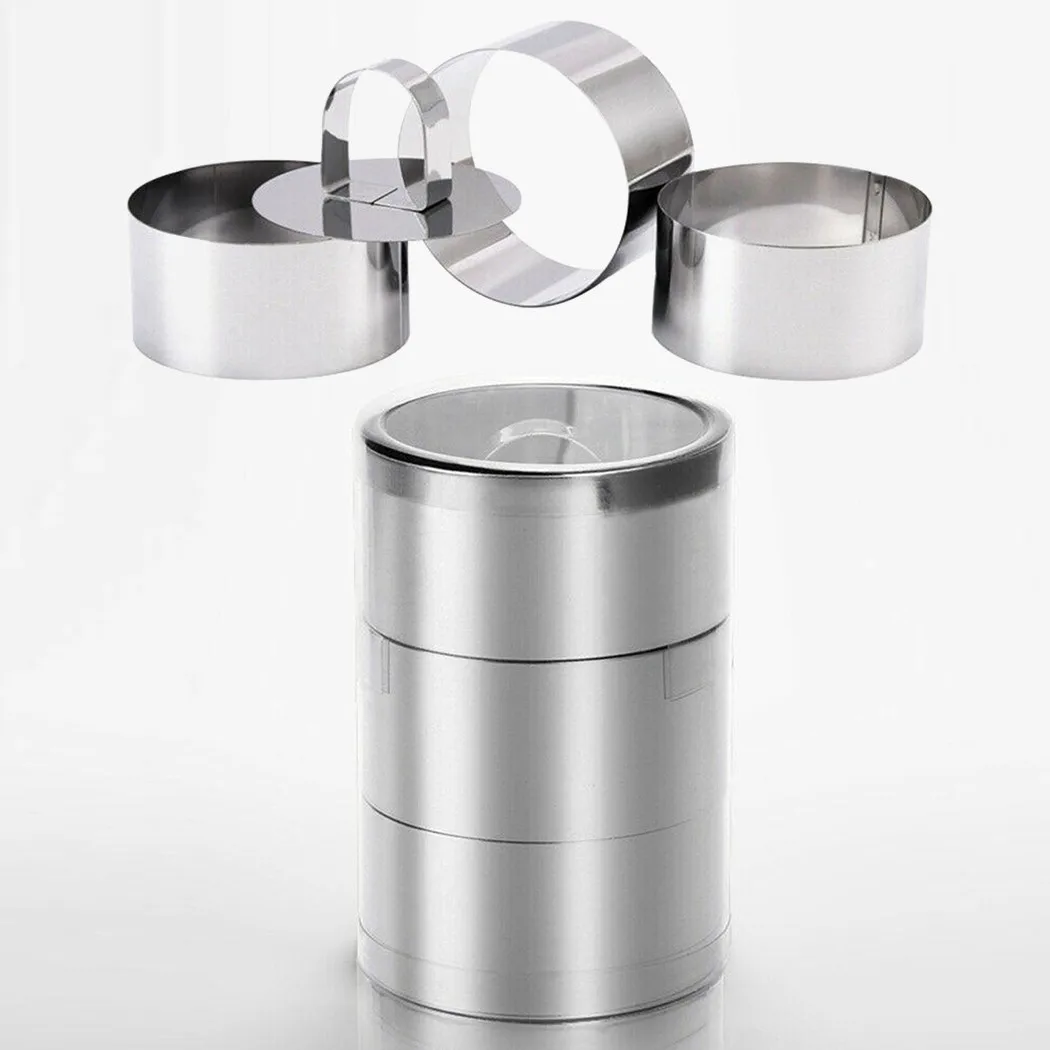 4Pcs Stainless Steel Circle Mousse Ring Cake Mold Fondant Dessert Die Baking Cake Decor Tool Including 3*Rings + 1*Food Press
4Pcs Stainless Steel Circle Mousse Ring Cake Mold Fondant Dessert Die Baking Cake Decor Tool Including 3*Rings + 1*Food Press