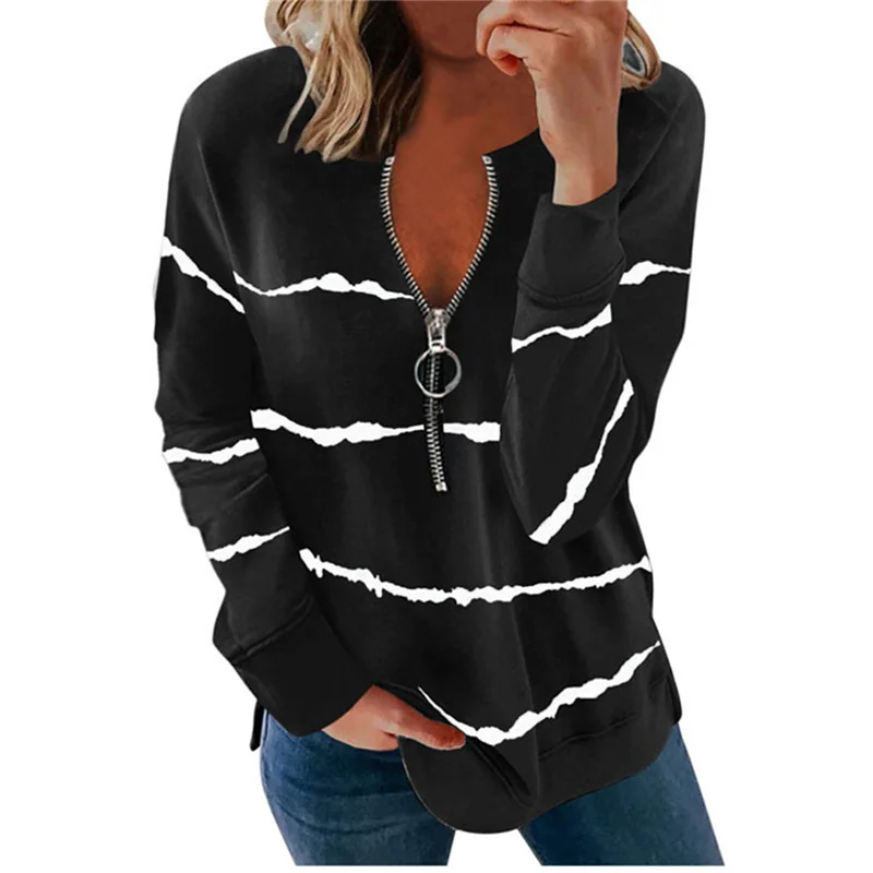 Stripes Print Women's Casual T Shirt V Neck Zipper Loose Long Sleeve Top Autumn Fashion Sexy Clothing Top De Mujer
Stripes Print Women's Casual T Shirt V Neck Zipper Loose Long Sleeve Top Autumn Fashion Sexy Clothing Top De Mujer
