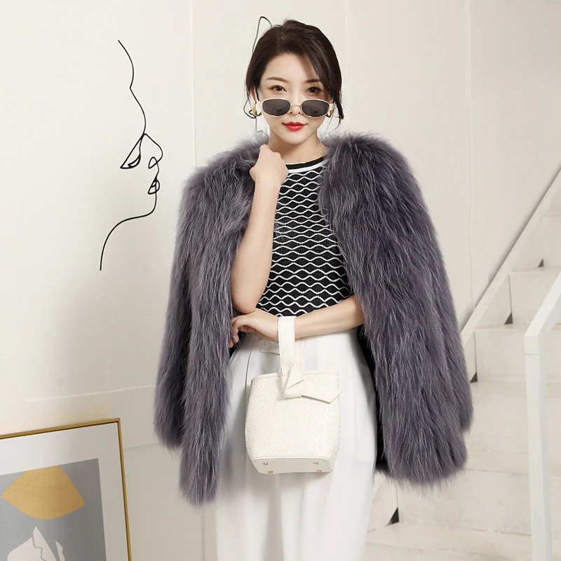 

2021 New Women High Quality Raccoon Fur Mid-Length Coat Autumn And Winter Weave Style Luxury Warm Fashionable Young Style