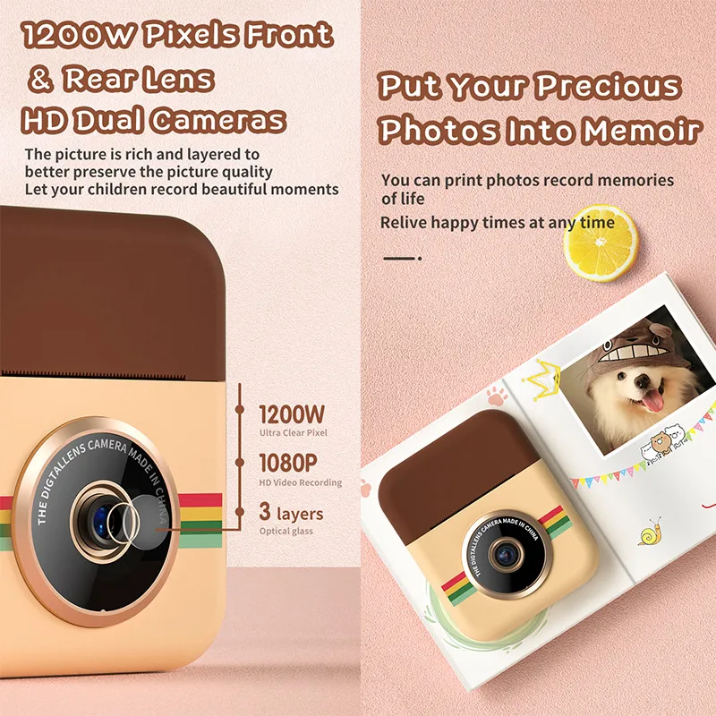 Kids Instant Digital Print Camera With Thermal Photo Paper Children Toys 1080P 2.4 Inch Christmas Birthday Gift Girl Boy | Электроника