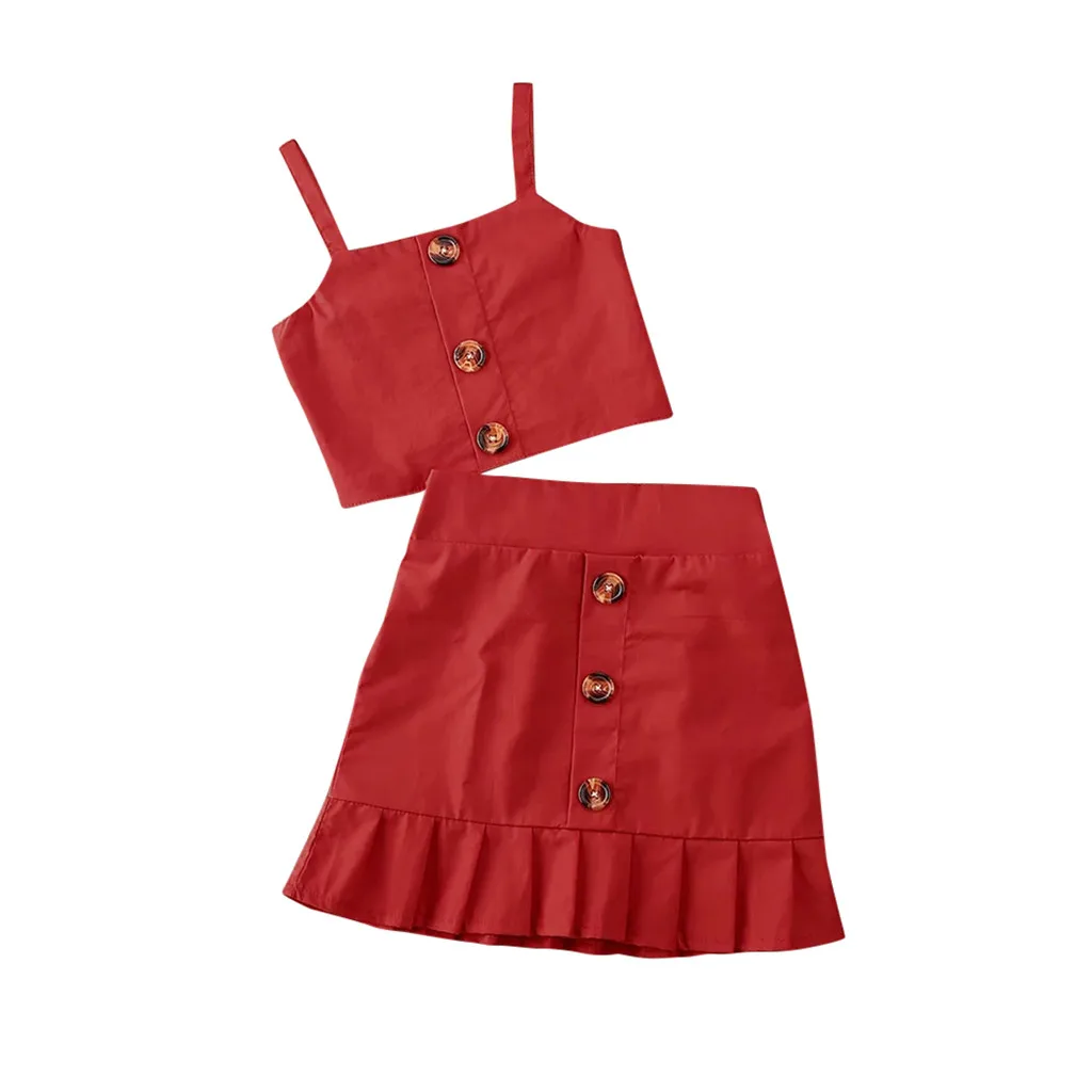 TELOTUNY New Toddler Baby Girls Suspender Pure Color Tank Tops Button Skirt Two Piece Suit Clothes Children Summer Set Outfits46 | Детская