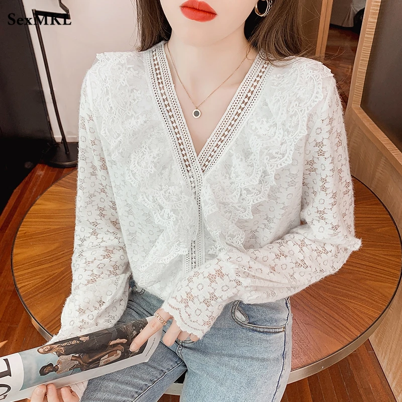 Women Lace Hollow Out Tops 2022 Winter Fashion V Neck Ruffles White Blouses Elegant Sexy Y2k Long Sleeve Shirt Women Blusa Mujer
Women Lace Hollow Out Tops 2022 Winter Fashion V Neck Ruffles White Blouses Elegant Sexy Y2k Long Sleeve Shirt Women Blusa Mujer