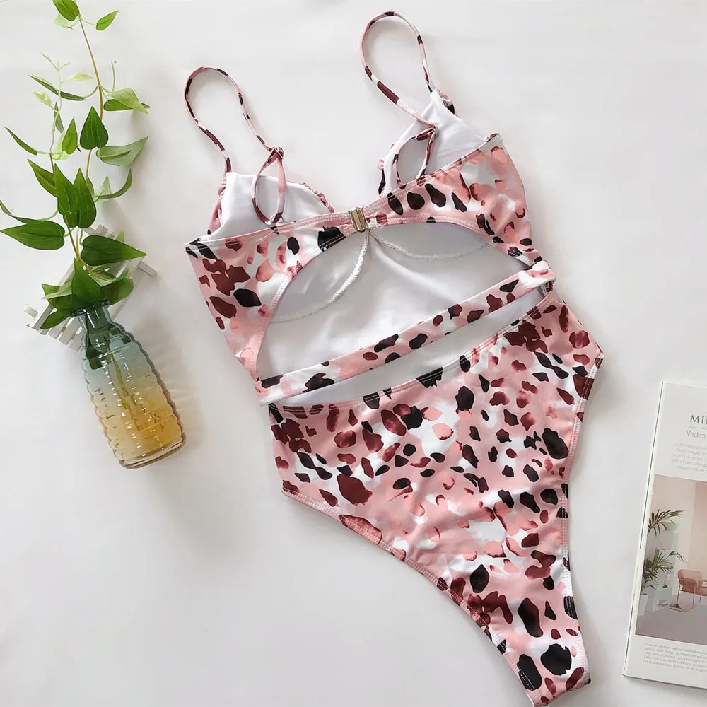 Pink Print Brazilian High Thong Bodysuits one-piece Swimwear Women Vv-neck Swimsuit Female Sexy Monokini Belt bathers 5424 | Спорт и