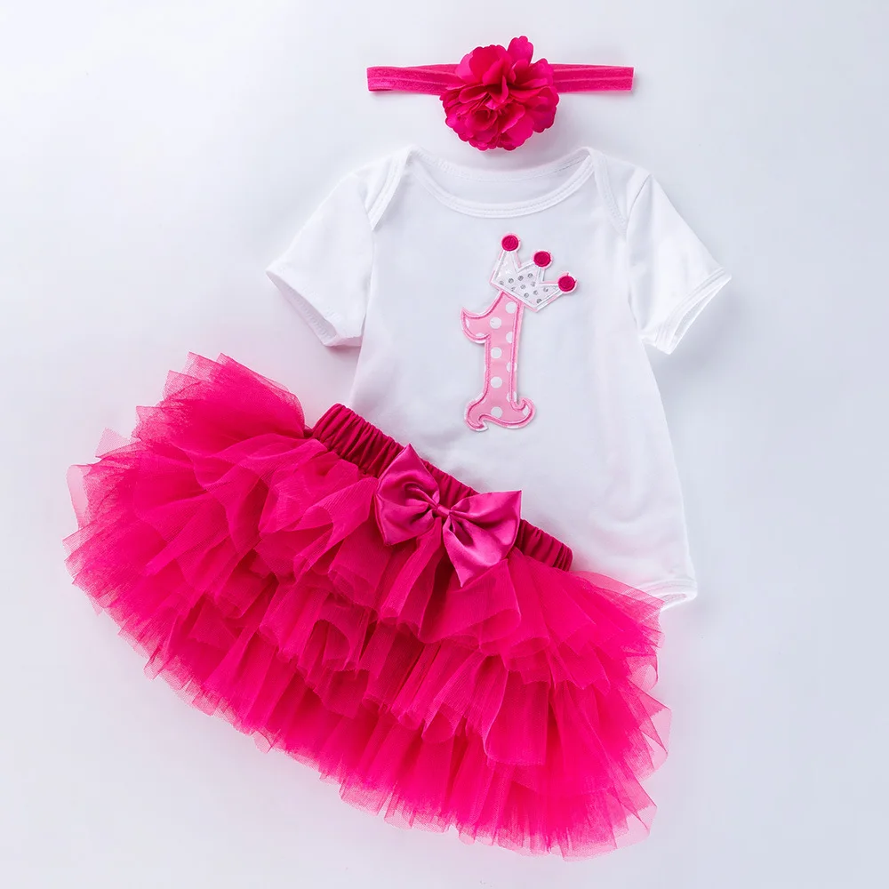 

Baby girls Birthday outfits 3 PCS Sets Cotton Short Romper+ Pettiskirt Skirt+Headband First 1st 2nd Birthday Tutu Dress