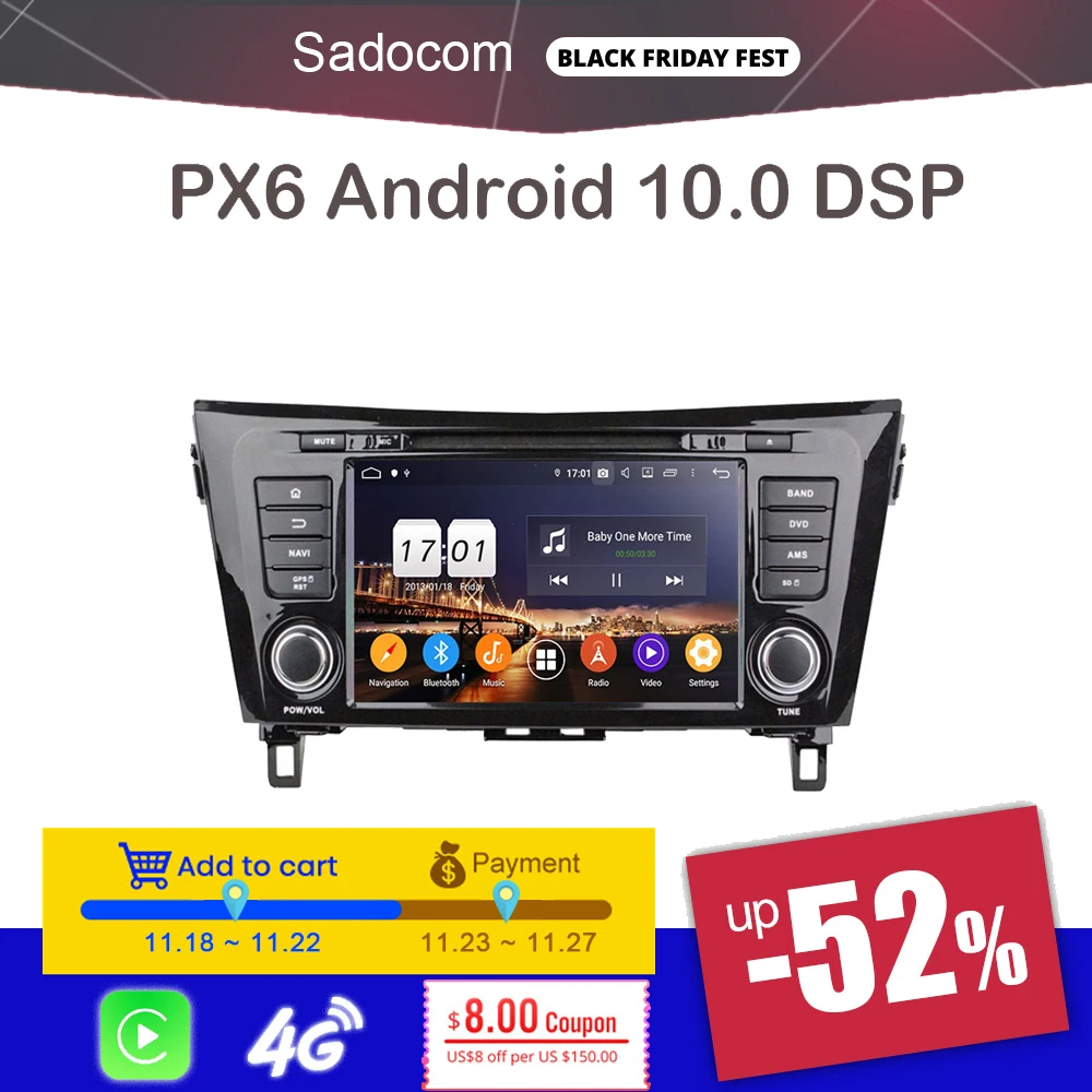 Автомобильный DVD плеер 720P DSP PX6 2 din Android 9 0 4 Гб ОЗУ 8 ядер 64 ПЗУ для Nissan QashQai X Trail 2013 2016
