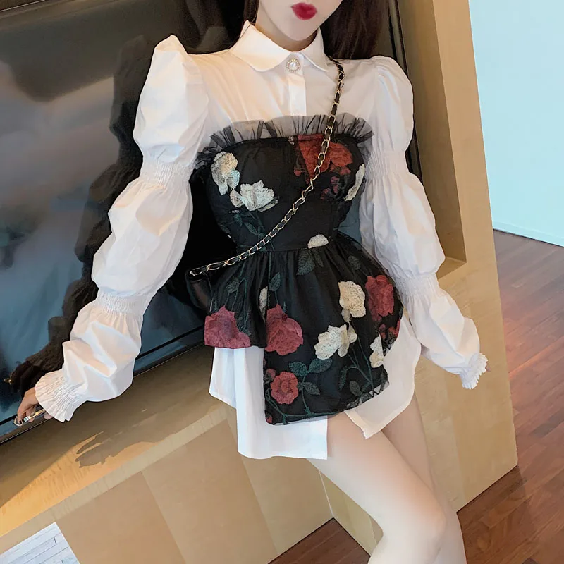 Autumn Women Retro Design Puff Sleeve Pleated Shirt + Mesh Embroidery Flower Tube Top Two Piece Set Ladies Elegant Shirt Suits
Autumn Women Retro Design Puff Sleeve Pleated Shirt + Mesh Embroidery Flower Tube Top Two Piece Set Ladies Elegant Shirt Suits