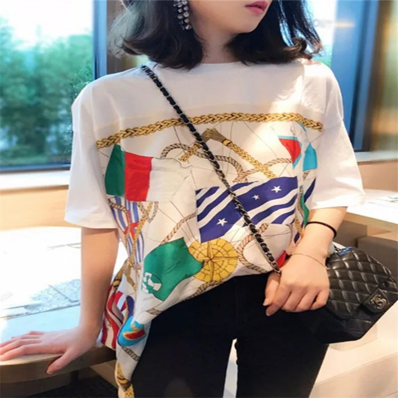 21 French Summer Chain Asymmetric Round Neck Short Sleeve Printed Ladies T-Shirt Top Loose Simple Elegant Fashion Hot Sale B004
21 French Summer Chain Asymmetric Round Neck Short Sleeve Printed Ladies T-Shirt Top Loose Simple Elegant Fashion Hot Sale B004