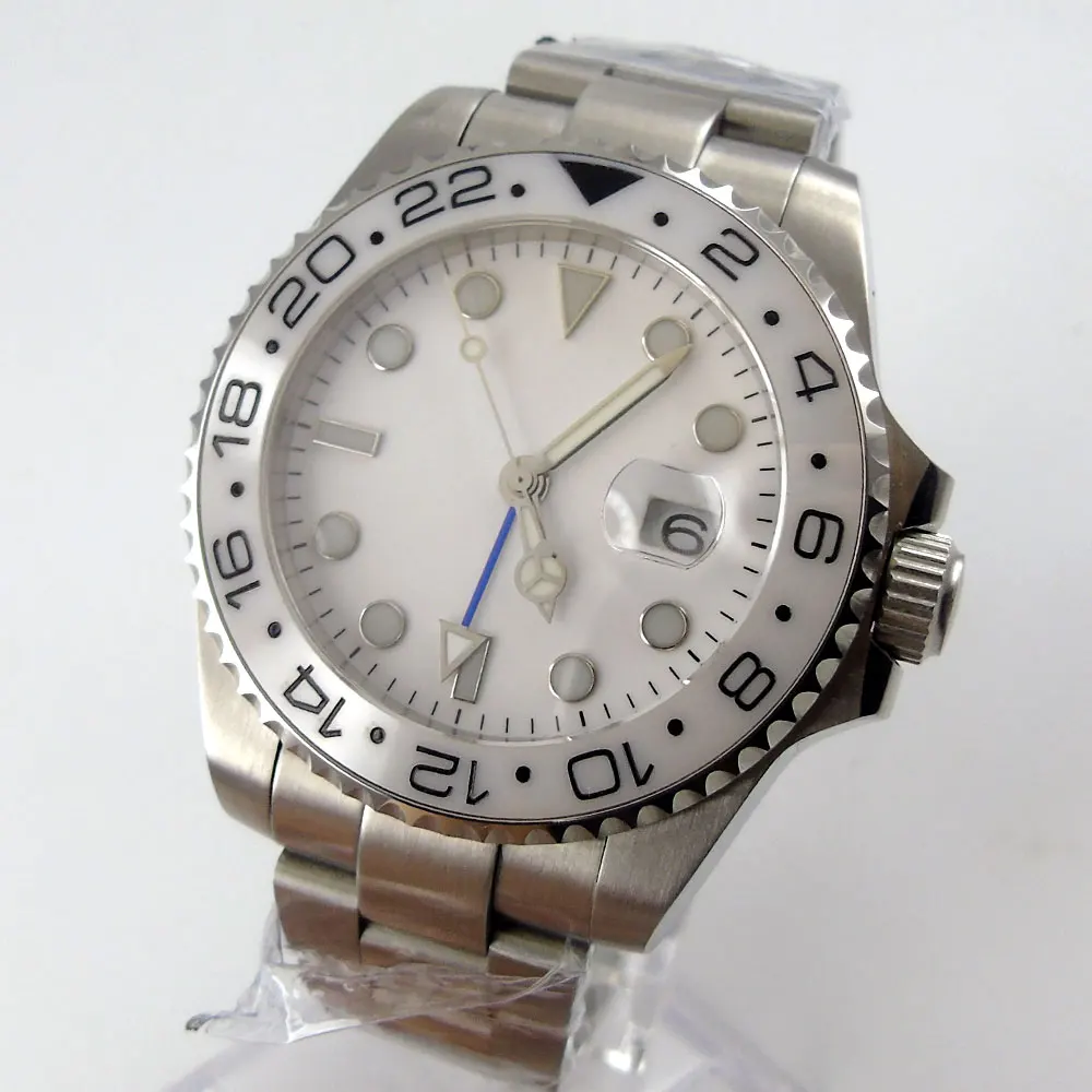 40MM Sterile White Dial Sapphire glass Date Ceramic Bezel Steel Bracelet GMT Automatic Movement Men's Watch
40MM Sterile White Dial Sapphire glass Date Ceramic Bezel Steel Bracelet GMT Automatic Movement Men's Watch