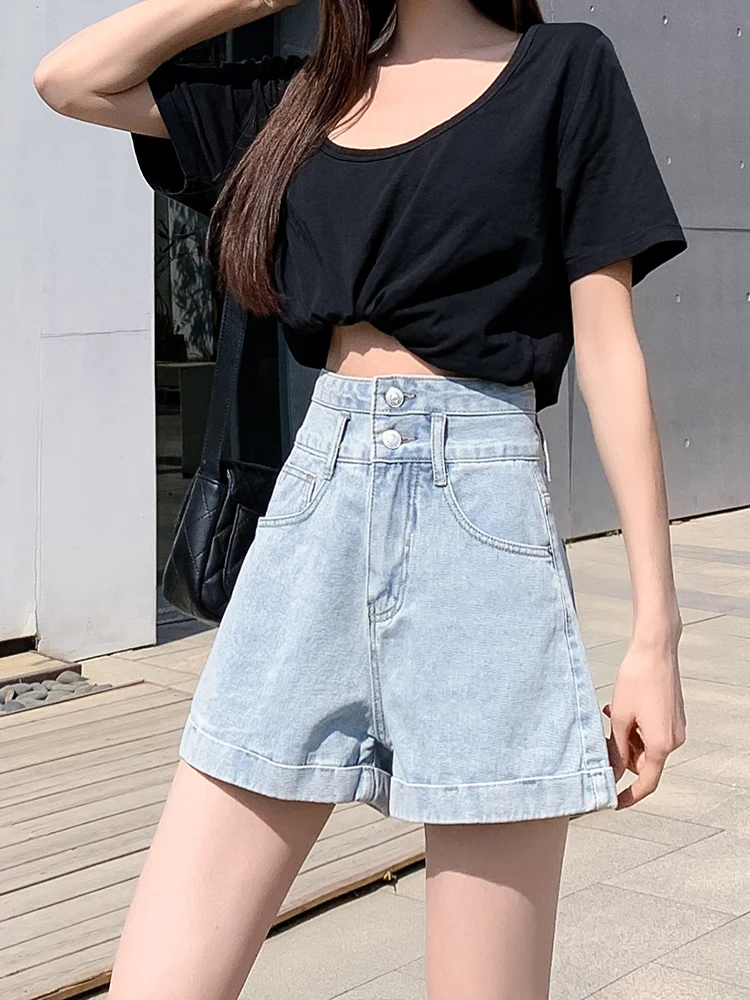 Black er high waist denim shorts women's summer 2021 new loose wide leg slim A-line hot pants 
Black er high waist denim shorts women's summer 2021 new loose wide leg slim A-line hot pants