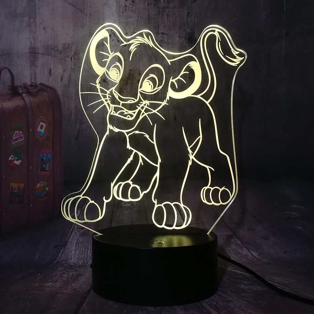 Милый мультяшный 3d ночник Король Лев Simba Светодиодный настольный светильник RGB 7