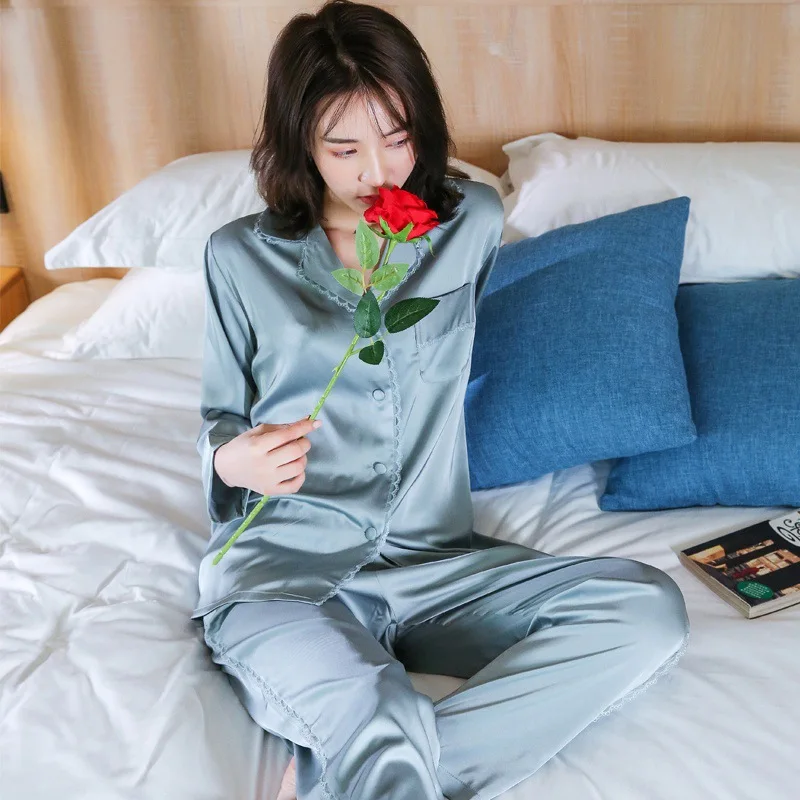 Casual Sleepwear Satin Silky Pajamas Suit Women 2PCS Shirt&Pants 2021 New Nightwear Lounge Wear With Lace Pyjamas Lingerie Set
Casual Sleepwear Satin Silky Pajamas Suit Women 2PCS Shirt&Pants 2021 New Nightwear Lounge Wear With Lace Pyjamas Lingerie Set