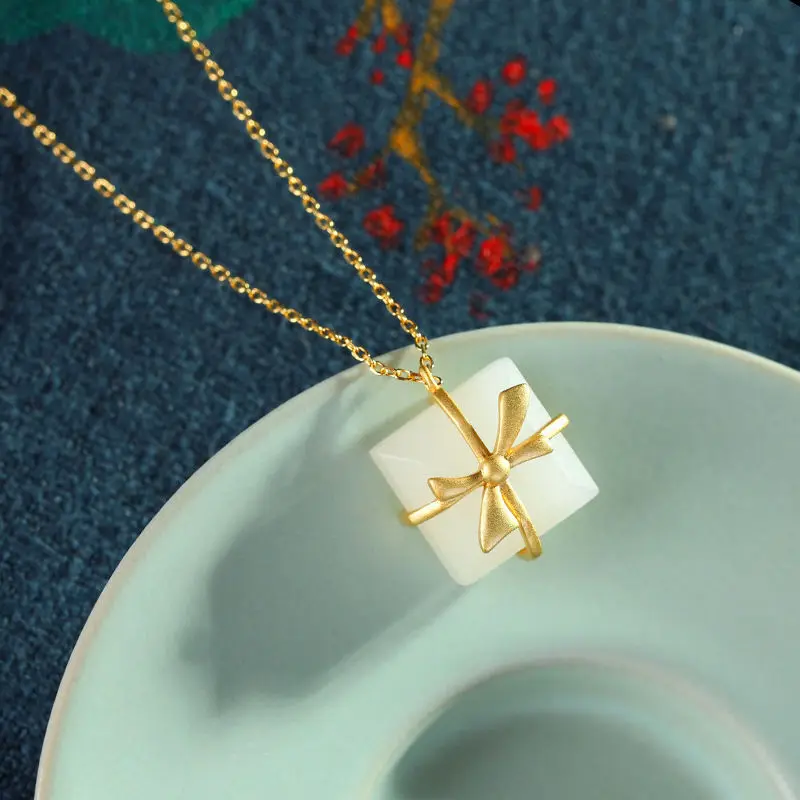 New inlaid natural Hetian square jade bow gift box shape pendant necklace cold wind fresh and cute female brand jewelry | Украшения и