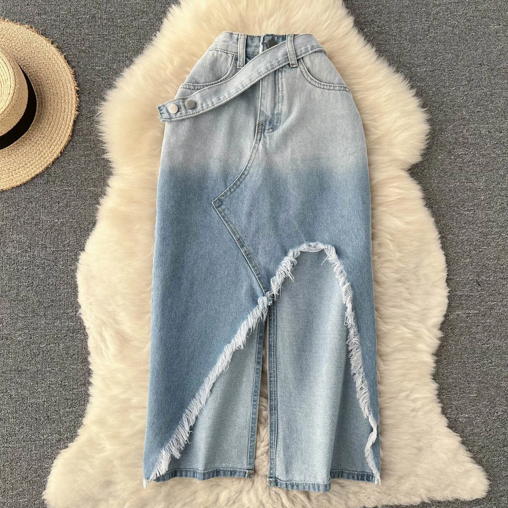 Women Denim Skirt Fashion Gradient Color High Waist Asymmetrical A-line Jeans Skirts Tassels Split Midi Skirt Casual Streetwear
Women Denim Skirt Fashion Gradient Color High Waist Asymmetrical A-line Jeans Skirts Tassels Split Midi Skirt Casual Streetwear