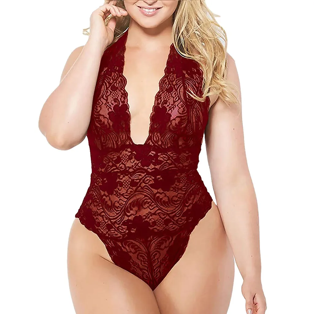 Plus Size Women Teddy Sexy Lingerie Hot Erotic Perspective Lace Sex Dress Porno Underwear Halter Lenceria Fatty Beauty Sleepwear |