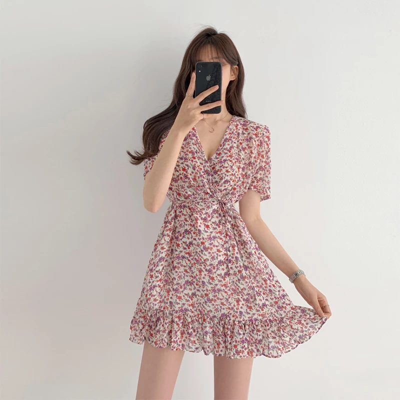 Korean Chic Niche Design Lace-up Waist-Controlled Slimming Elegant V-neck Cute Youth-Looking Floral Chiffon Dress