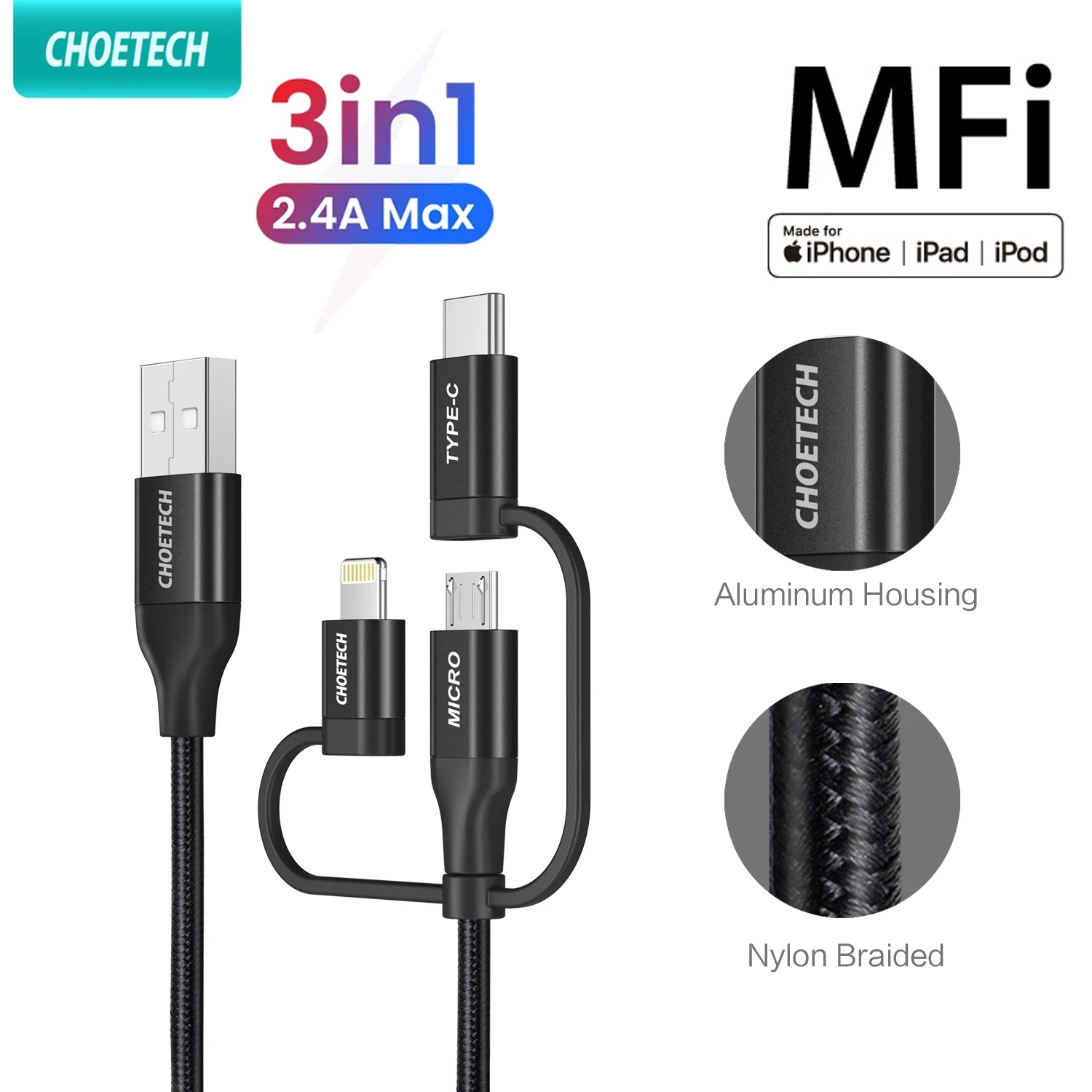 CHOETECH 3 in 1 USB Cable for Powerbank Micro USB Type C Braided Charger Cable for iPhone 12 Pro XR XS Huawei Charging Cord MFi 
CHOETECH 3 in 1 USB Cable for Powerbank Micro USB Type C Braided Charger Cable for iPhone 12 Pro XR XS Huawei Charging Cord MFi