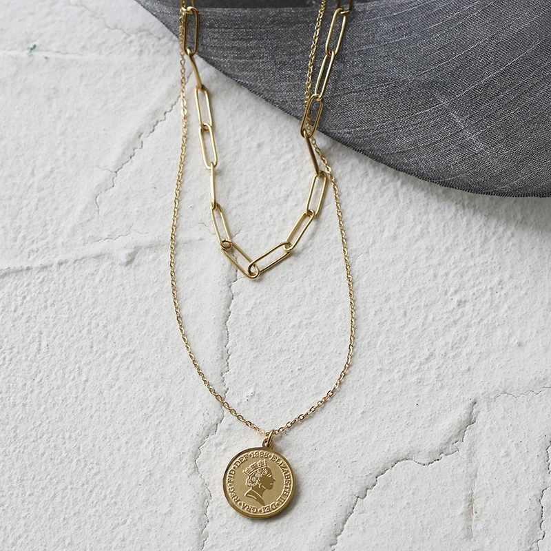 4styles Vintage Double-layered Necklace Queen Coin OT buckle Clavicle Chain For women Stainless Steel Layered Choker Jewelry
4styles Vintage Double-layered Necklace Queen Coin OT buckle Clavicle Chain For women Stainless Steel Layered Choker Jewelry