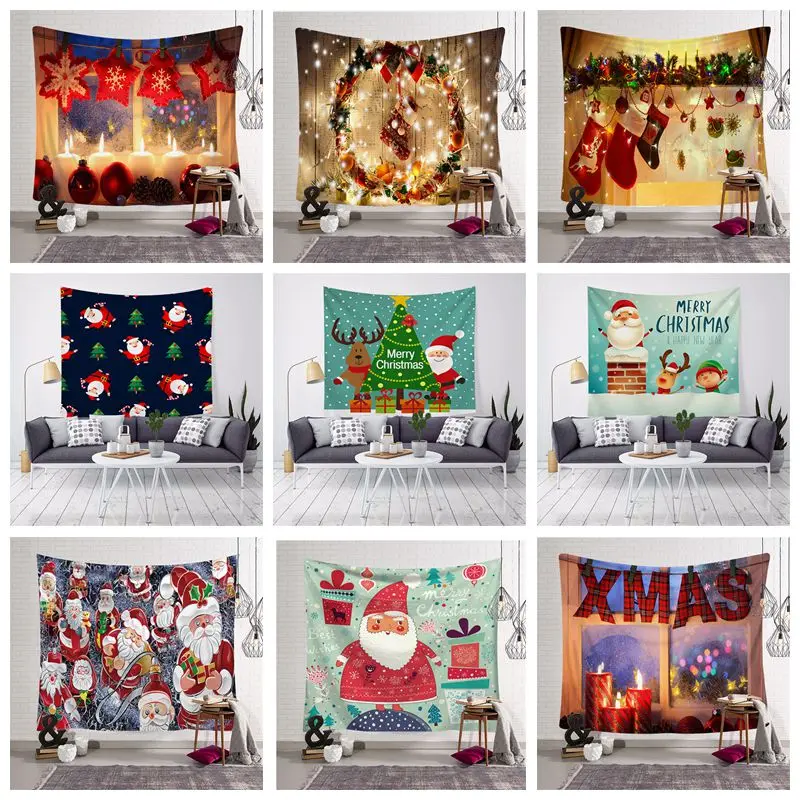 

Gold Merry Christmas Santa Tree Elk Snowman Claus Hanging Tapestry Cloth Home Yoga Mat Rug Corridor Bedroom Living Room Decor
