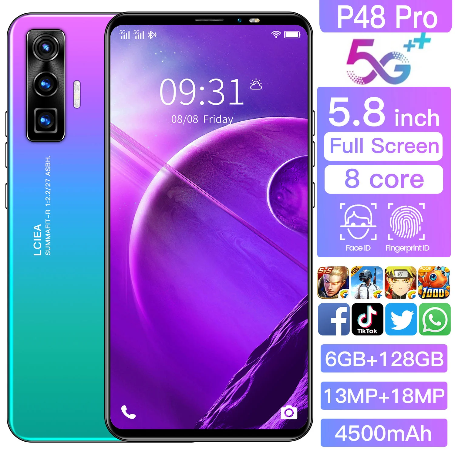 Global Version P48pro Smartphone 5.8inch 6+128G 13MP+18.0MP 4500mAh Big battery Dual SIM Support T-Flash Card 4 5G Cellphone 
Global Version P48pro Smartphone 5.8inch 6+128G 13MP+18.0MP 4500mAh Big battery Dual SIM Support T-Flash Card 4 5G Cellphone