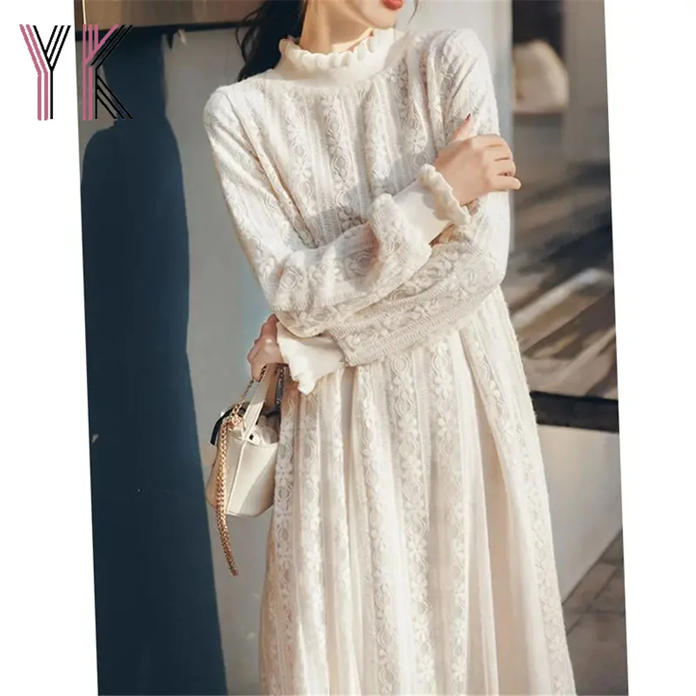 Ruffles Stitching Half High Collar Lace Beige Elegant Plus Fleece Autumn Winter Dress Long Sleeve Tunic Fairy Base Long Dress
Ruffles Stitching Half High Collar Lace Beige Elegant Plus Fleece Autumn Winter Dress Long Sleeve Tunic Fairy Base Long Dress