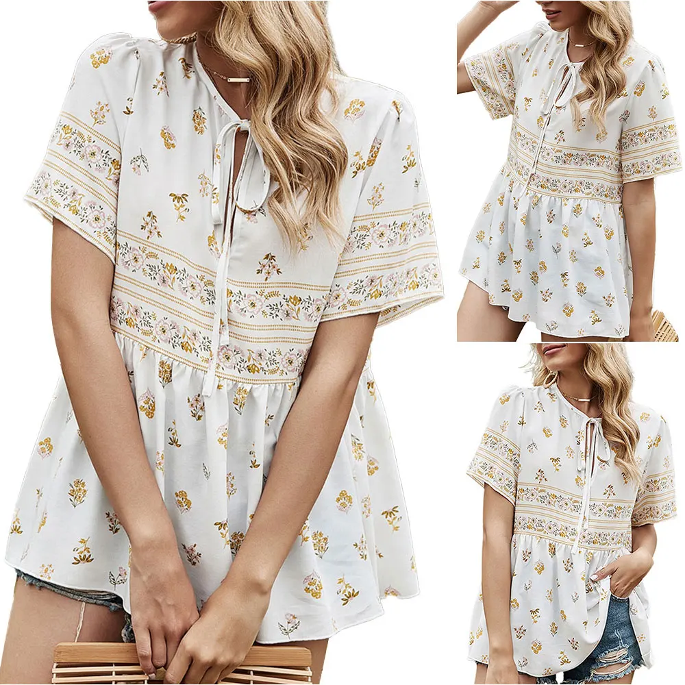 Elegant Women Tees Short Sleeve Floral T-Shirt Crew Neck Ladies Casual Beach Holiday Lace Up Top Summer Bohemia Clothing
Elegant Women Tees Short Sleeve Floral T-Shirt Crew Neck Ladies Casual Beach Holiday Lace Up Top Summer Bohemia Clothing