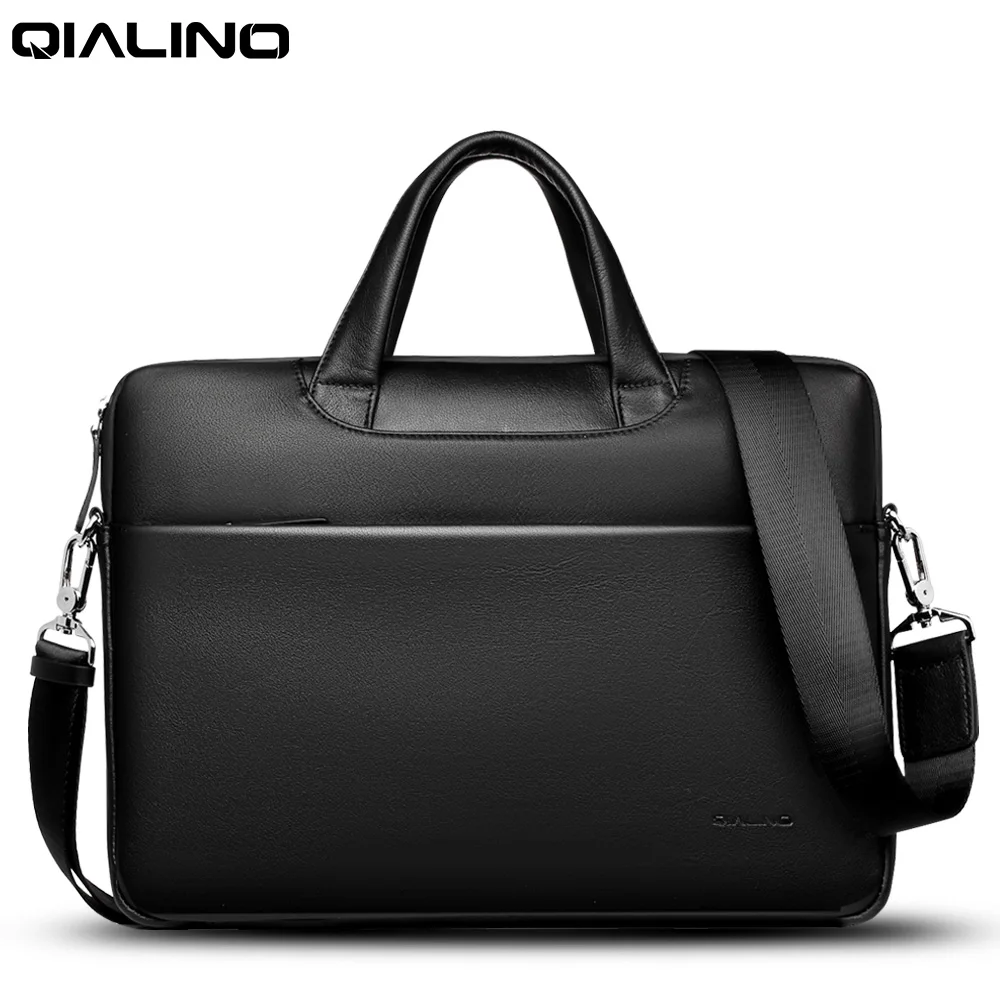 

QIALINO Men Briefcase Business Shoulder Bag Genuine Leather Messenger Bags Computer Laptop Handbag Bag case for Macbook Air Pro