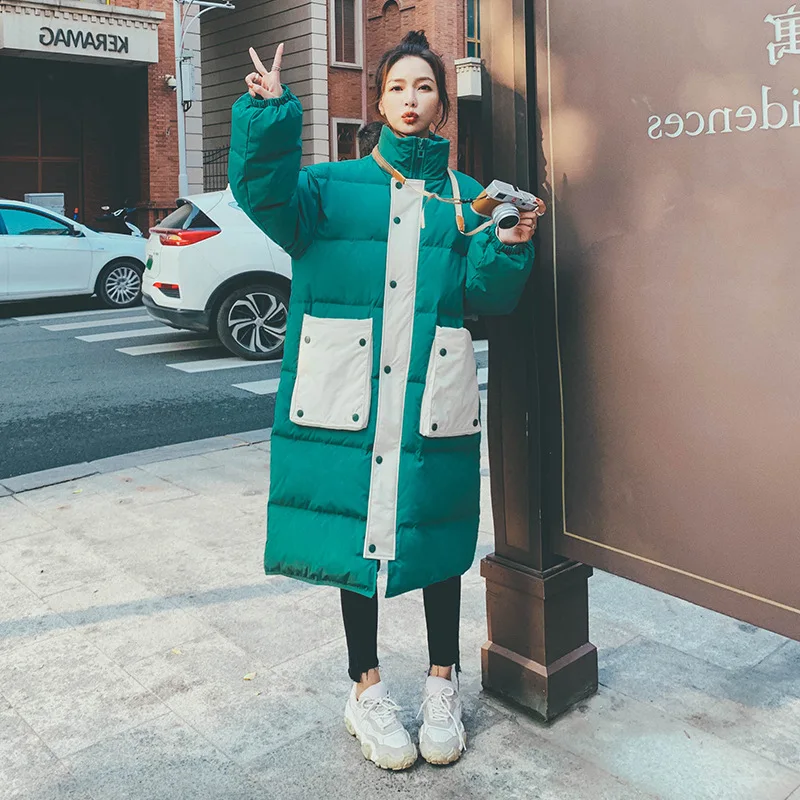 Winter Padded Women's Jacket Long Green Big Pockets Hit The Color Korean Fashion Loose Thick High-quality White Duck Down Coat
Winter Padded Women's Jacket Long Green Big Pockets Hit The Color Korean Fashion Loose Thick High-quality White Duck Down Coat