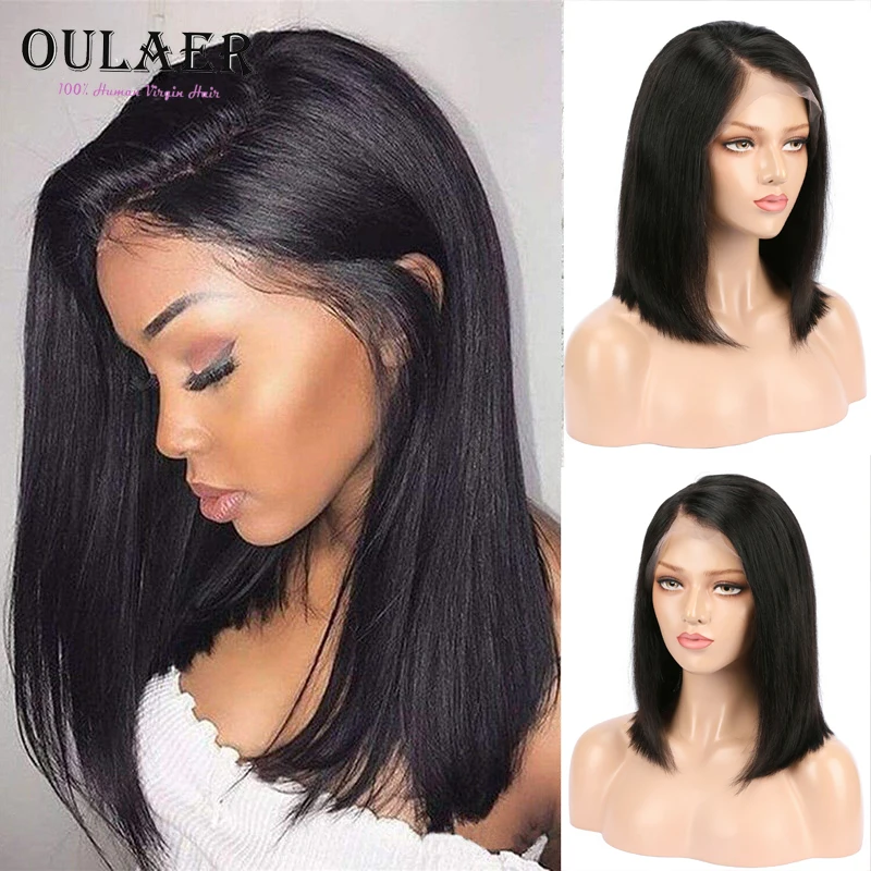 

Oulaer Straight Short Bob Frontal Wigs HD Transparent 13X6 Lace Front Human Hair Wig Pre Plucked With Baby Hair 150% Density