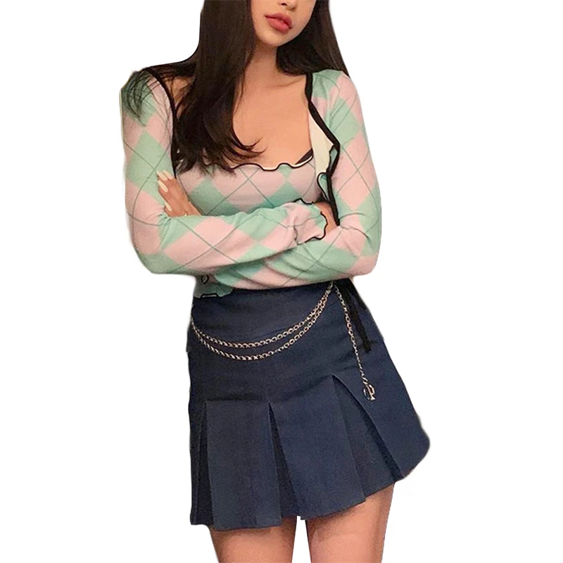 

Hirigin 2021 Women's Fall T-Shirts Sexy Long Sleeve Argyle Print Crop Tops + Spaghetti Strap Camisole Set