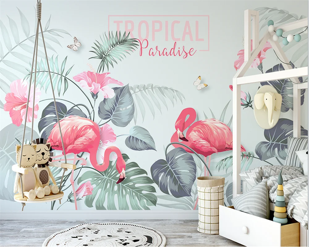 

beibehang Custom modern Nordic style tropical plants flamingo sofa TV background wallpaper papel de parede papier peint