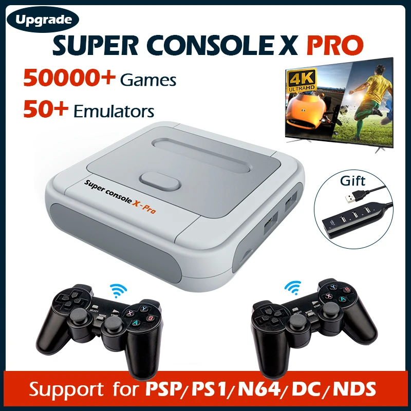 

Супер консоль X Pro видео игровые консоли 4K HD Ретро Wi-Fi ТВ приставка игровые плееры для PSP/PS1/DC/N64 50000 + игры с 50 + эмулятором