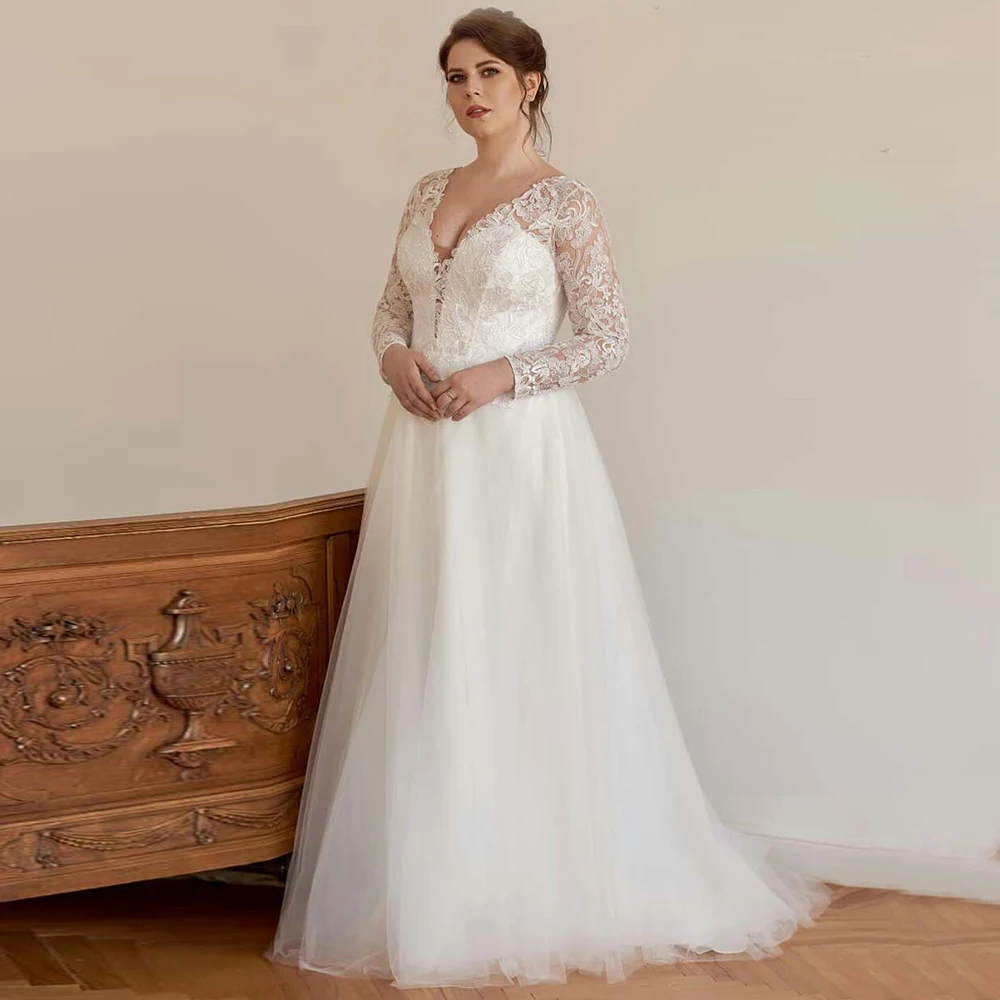 Свадебное платье-трапеция, из тюля, с длинными рукавами и V-образным вырезом, с аппликацией, размера плюс
Свадебное платье-трапеция, из тюля, с длинными рукавами и V-образным вырезом, с аппликацией, размера плюс