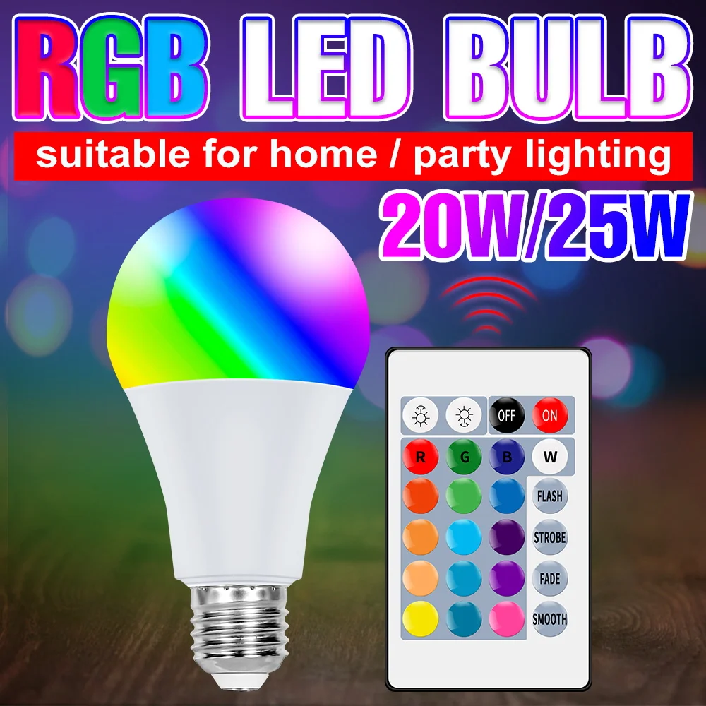 220V LED Bulb RGB Light E27 Lampara Led 20W Smart Lamp 25W Color Change Light Globe Bulbs Dimmable Lamp With IR Remote Control
220V LED Bulb RGB Light E27 Lampara Led 20W Smart Lamp 25W Color Change Light Globe Bulbs Dimmable Lamp With IR Remote Control