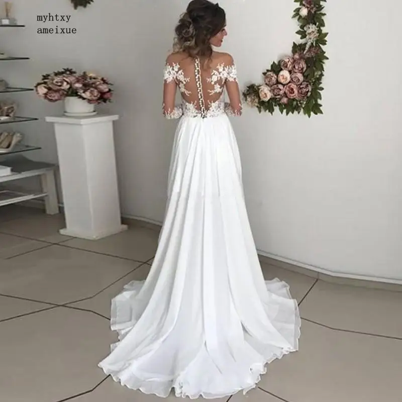 

Full Chiffon Scoop Floor-length Illusion Beach Regular Plus Size Cheap Boho Sexy Wedding Dress 2020 Simple Vestido De Noiva