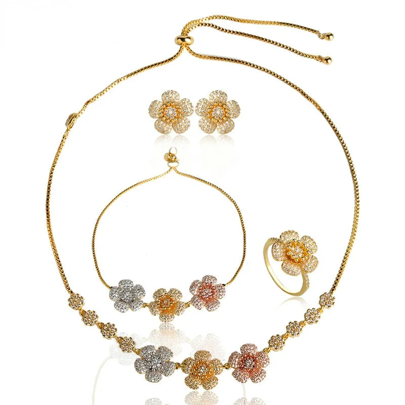 Blucome Romantic Rose Flower Zirconia Necklace Earrings Bracelet Ring 4Pcs/Set For Women Wedding Party Decorations Jewelry Sets
Blucome Romantic Rose Flower Zirconia Necklace Earrings Bracelet Ring 4Pcs/Set For Women Wedding Party Decorations Jewelry Sets
