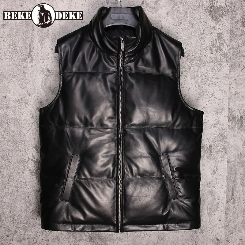 Мужской пуховой жилет из 100% натуральной кожи теплая зимняя куртка без рукавов