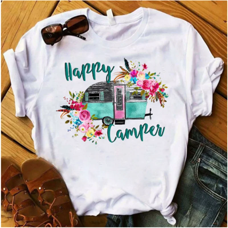 Happy Camper цветок дорога футболка для путешествий Гадюка Приключений Женская
