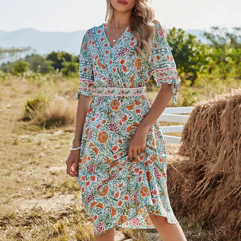 Women Floral Print Dress Boho Beach Holiday V Neck Short Sleeve Bandage Girl 2021 Spring Summer New A-line Casual Dresses
Women Floral Print Dress Boho Beach Holiday V Neck Short Sleeve Bandage Girl 2021 Spring Summer New A-line Casual Dresses