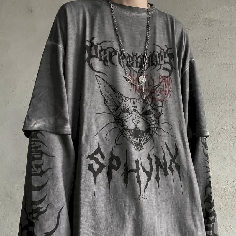 T-shirts Autumn New High Street Style Dark Print Cat Head Fake Two Gothic Retro Long-sleeved Couple T-shirts Men Women Top Wear
T-shirts Autumn New High Street Style Dark Print Cat Head Fake Two Gothic Retro Long-sleeved Couple T-shirts Men Women Top Wear