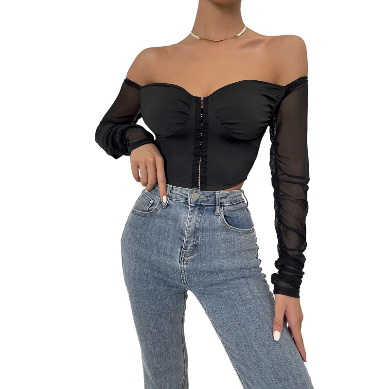 Женская Однотонная футболка с открытыми плечами и длинными рукавами-фонариками 
Женская Однотонная футболка с открытыми плечами и длинными рукавами-фонариками