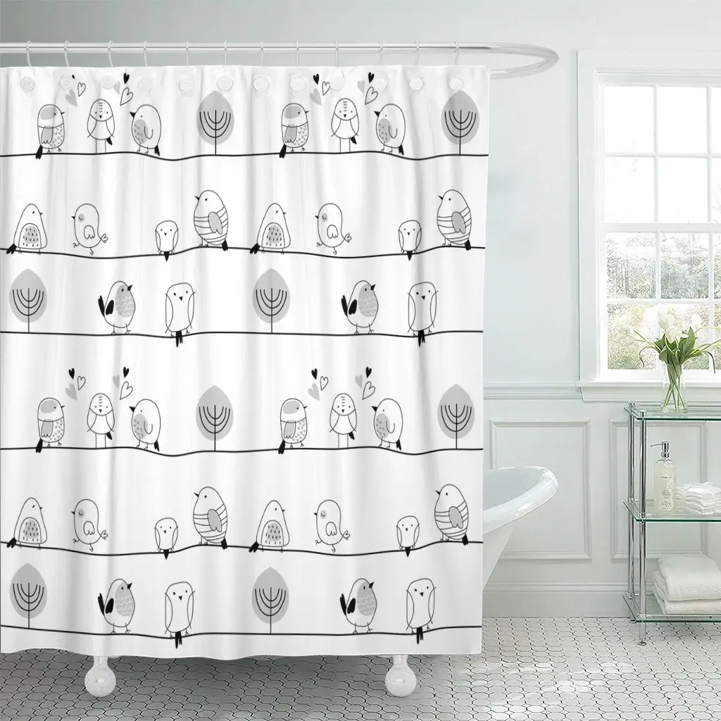 

Gray Baby Many Little Birds on Black and White Shower Curtain Waterproof 72 x 78 Inches Set with Hooks