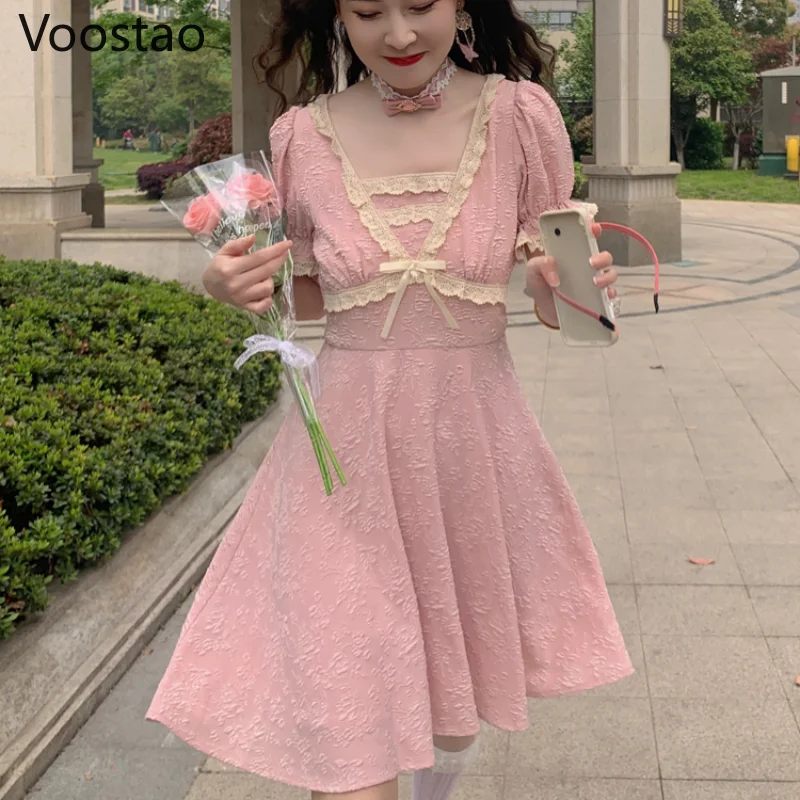 Summer Sweet Lolita Style Dress Women Cute Square Collar Lace Bow Puff Sleeve Party Mini Dress Female Elegant Princess Dresses
Summer Sweet Lolita Style Dress Women Cute Square Collar Lace Bow Puff Sleeve Party Mini Dress Female Elegant Princess Dresses